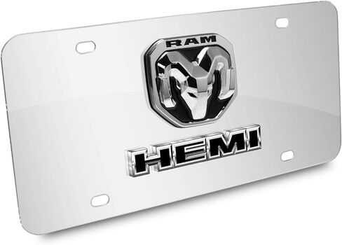 iPick Image for RAM HEMI 2019 up 3D Dual Logo on 12"X6" Chrome Stainless Steel License Plate - Official Licensed in Kuwait
