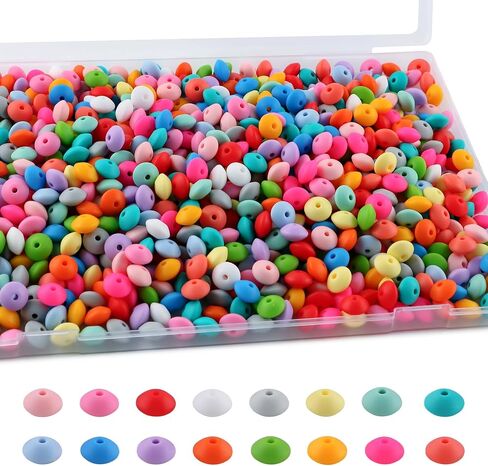 Sunrony 480Pcs Mixed Bright Color 12mm Spacer Silicone Beads for Keychain Making, Multicolor Lentil Silicone Beads for Pens and Necklace Bracelet Crafts Making (Multicolor Bright) in Saudi Arabia