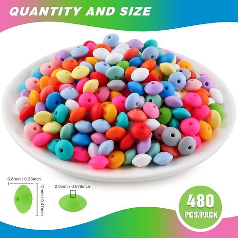 Sunrony 480Pcs Mixed Bright Color 12mm Spacer Silicone Beads for Keychain Making, Multicolor Lentil Silicone Beads for Pens and Necklace Bracelet Crafts Making (Multicolor Bright) in Saudi Arabia