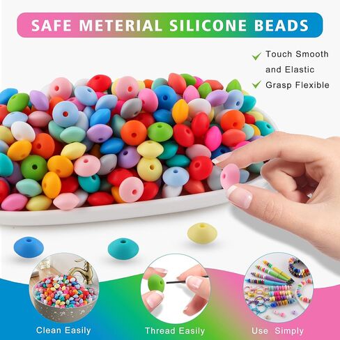 Sunrony 480Pcs Mixed Bright Color 12mm Spacer Silicone Beads for Keychain Making, Multicolor Lentil Silicone Beads for Pens and Necklace Bracelet Crafts Making (Multicolor Bright) in Saudi Arabia