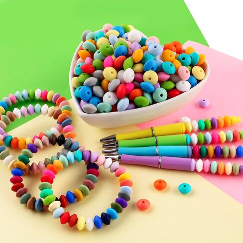 Sunrony 480Pcs Mixed Bright Color 12mm Spacer Silicone Beads for Keychain Making, Multicolor Lentil Silicone Beads for Pens and Necklace Bracelet Crafts Making (Multicolor Bright) in Saudi Arabia
