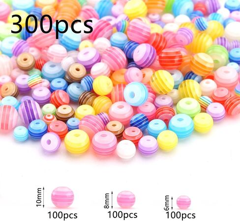 DAHI 300pcs Assorted 6/8/10mm Colorful Acrylic Beads Round Plastic Beads Resin Rainbow Stripes Beads for Jewelry Making Bracelets Necklaces DIY Key Chains in Saudi Arabia