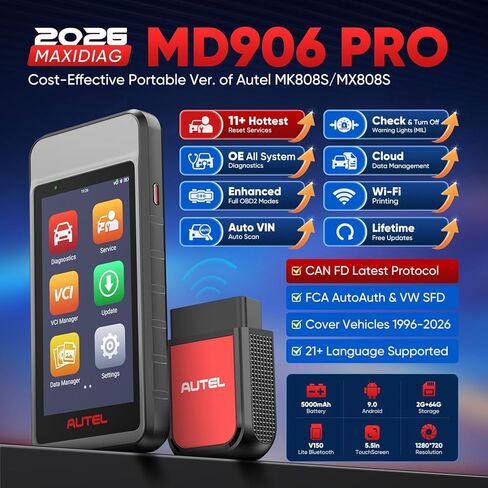 Autel MaxiDiag MD906 PRO OBD2 Scanner, 2026 MD906PRO All Sys Diagnostic Scan Tool Same as MD909 PRO, BT Lite of MK808S, CAN FD, 11 Services, 10 OBDII Test Modes, FCA, Free Update, Up of MD808Pro MD806 in Kuwait