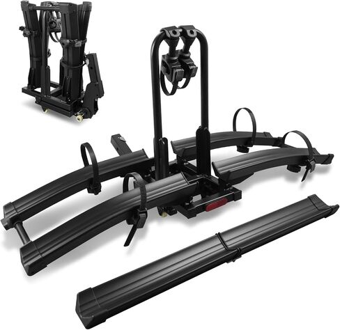 Upgraded E-Bike Rack with Ramp, Heavy Duty 200lbs Capacity Fits 2 E-Bikes, 2" Receiver, Up to 5’’ Fat Tire, with Locks, Foldable & Tilting Platform for Cars, SUVs, Trucks, Wheels for Easy Transport in Saudi Arabia