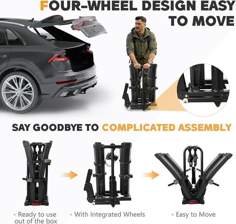 Upgraded E-Bike Rack with Ramp, Heavy Duty 200lbs Capacity Fits 2 E-Bikes, 2" Receiver, Up to 5’’ Fat Tire, with Locks, Foldable & Tilting Platform for Cars, SUVs, Trucks, Wheels for Easy Transport in Saudi Arabia