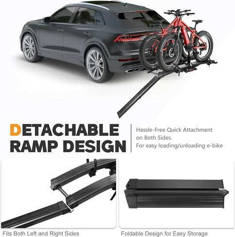 Upgraded E-Bike Rack with Ramp, Heavy Duty 200lbs Capacity Fits 2 E-Bikes, 2" Receiver, Up to 5’’ Fat Tire, with Locks, Foldable & Tilting Platform for Cars, SUVs, Trucks, Wheels for Easy Transport in Saudi Arabia
