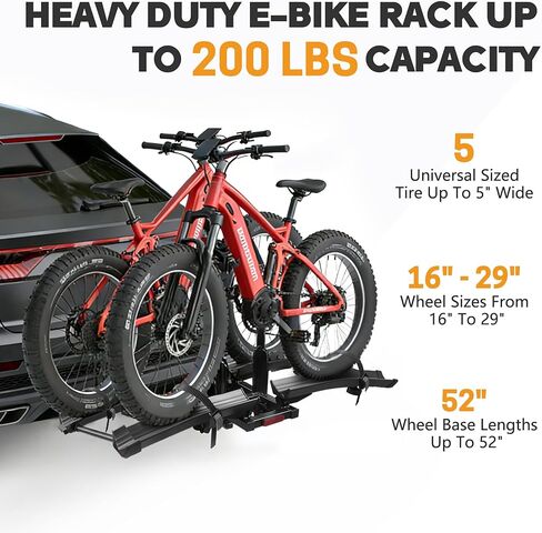 Upgraded E-Bike Rack with Ramp, Heavy Duty 200lbs Capacity Fits 2 E-Bikes, 2" Receiver, Up to 5’’ Fat Tire, with Locks, Foldable & Tilting Platform for Cars, SUVs, Trucks, Wheels for Easy Transport in Saudi Arabia