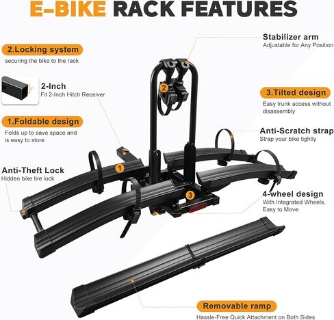 Upgraded E-Bike Rack with Ramp, Heavy Duty 200lbs Capacity Fits 2 E-Bikes, 2" Receiver, Up to 5’’ Fat Tire, with Locks, Foldable & Tilting Platform for Cars, SUVs, Trucks, Wheels for Easy Transport in Saudi Arabia