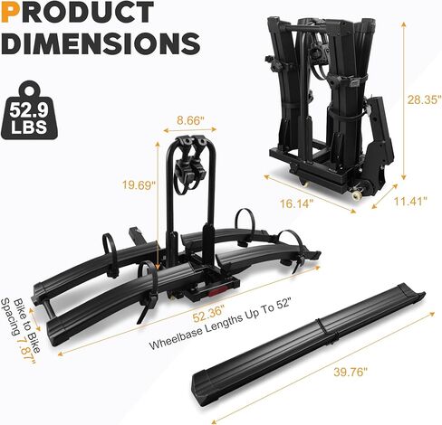 Upgraded E-Bike Rack with Ramp, Heavy Duty 200lbs Capacity Fits 2 E-Bikes, 2" Receiver, Up to 5’’ Fat Tire, with Locks, Foldable & Tilting Platform for Cars, SUVs, Trucks, Wheels for Easy Transport in Saudi Arabia