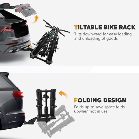 Upgraded E-Bike Rack with Ramp, Heavy Duty 200lbs Capacity Fits 2 E-Bikes, 2" Receiver, Up to 5’’ Fat Tire, with Locks, Foldable & Tilting Platform for Cars, SUVs, Trucks, Wheels for Easy Transport in Saudi Arabia