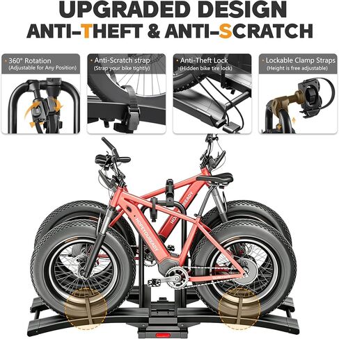 Upgraded E-Bike Rack with Ramp, Heavy Duty 200lbs Capacity Fits 2 E-Bikes, 2" Receiver, Up to 5’’ Fat Tire, with Locks, Foldable & Tilting Platform for Cars, SUVs, Trucks, Wheels for Easy Transport in Saudi Arabia