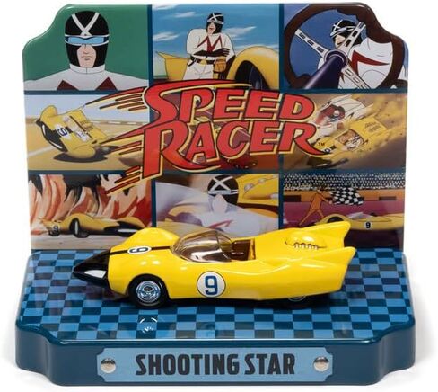 سيارة Racer X Shooting Star #9 باللون الأصفر مع عرض القصدير القابل للجمع، نموذج سيارة Diecast 1/64 من Johnny Lightning JLDR015-JLSP121 in Kuwait