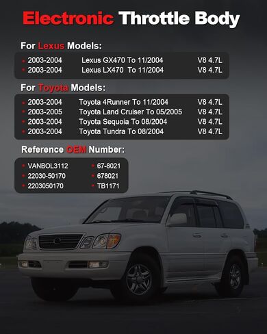 مجموعة جسم الخانق الإلكترونية متوافقة مع 2003-2004 Toyota Tundra Sequoia 4Runner Lexus GX470 LX470 2003-2005 Land Cruiser V8 4.7L استبدال TB1171 220305017 678021 in Kuwait