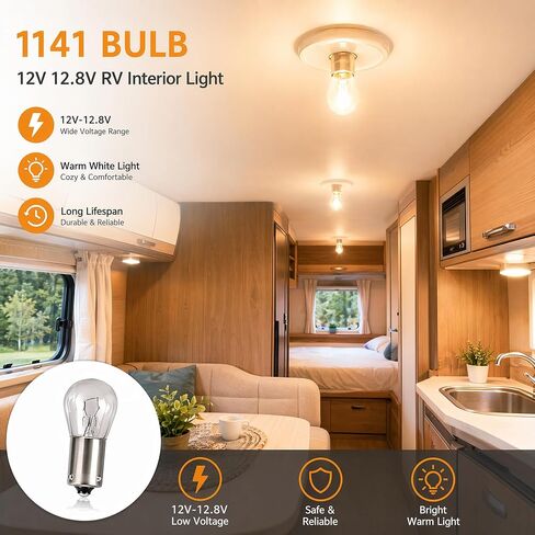 1141 Automotive Incandescent Light Bulbs, 12V 12.8V RV Interior Light, S8 BA15s Bayonet Base, Flicker-Free, 1000-Hour Lifespan, Warm White 2700K, 10 Pack in Saudi Arabia