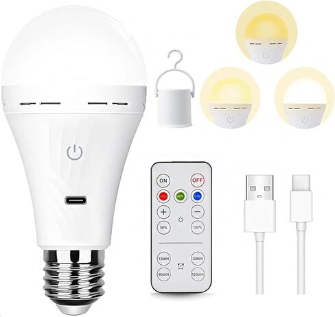 A19 Rechargeable Emergency Light Bulb with Remote, E26 USB Dual Charging, 3 Color Dimmable LED, Touch Hardwired Battery Powered Backup Bulb for Power Outage, Hurricane, Camping Outdoor in Saudi Arabia