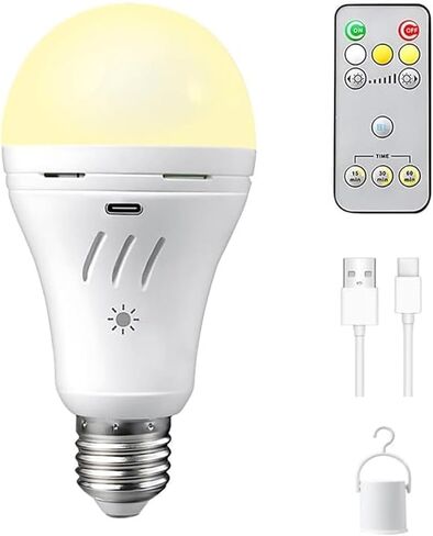 A19 Rechargeable Emergency Light Bulb with Remote, E26 USB Dual Charging, 3 Color Dimmable LED, Touch Hardwired Battery Powered Backup Bulb for Power Outage, Hurricane, Camping Outdoor in Saudi Arabia