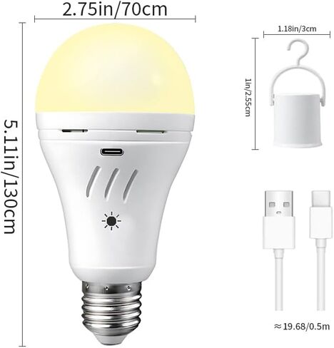 A19 Rechargeable Emergency Light Bulb with Remote, E26 USB Dual Charging, 3 Color Dimmable LED, Touch Hardwired Battery Powered Backup Bulb for Power Outage, Hurricane, Camping Outdoor in Saudi Arabia