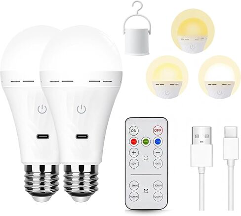A19 Rechargeable Emergency Light Bulb with Remote, E26 USB Dual Charging, 3 Color Dimmable LED, Touch Hardwired Battery Powered Backup Bulb for Power Outage, Hurricane, Camping Outdoor in Saudi Arabia