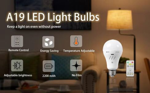 A19 Rechargeable Emergency Light Bulb with Remote, E26 USB Dual Charging, 3 Color Dimmable LED, Touch Hardwired Battery Powered Backup Bulb for Power Outage, Hurricane, Camping Outdoor in Saudi Arabia