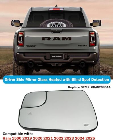 Driver Side Mirror Replacement For 2019 2020 2021 2022 2023 2024 Dodge Ram 1500, Left Side Mirror Glass Power Heated, Rear View Mirrors with Blind Spot Detection System Single Replace # 68402095AA in Saudi Arabia