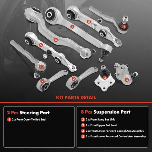 A-Premium Set of 10, Lower Forward Rearward Control Arm, Sway Bar Link, Upper Ball Joint, Outer Tie Rod End, Compatible with Mercedes-Benz E320 E350 E500 E550 E55/E63 AMG & CLS500 CLS550 CLS55 AMG in Kuwait