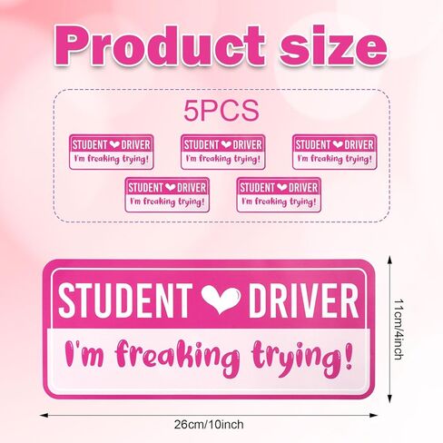 Gosknor 5pcs Pink Non-Magnetic New Driver Stickers, Waterproof Removable PVC Rectangular Student Driver Signs for Car, Motorcycle, Truck, Bumper in Kuwait