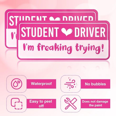 Gosknor 5pcs Pink Non-Magnetic New Driver Stickers, Waterproof Removable PVC Rectangular Student Driver Signs for Car, Motorcycle, Truck, Bumper in Kuwait
