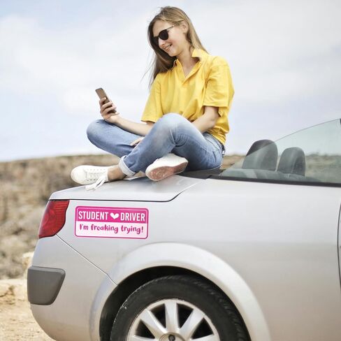 Gosknor 5pcs Pink Non-Magnetic New Driver Stickers, Waterproof Removable PVC Rectangular Student Driver Signs for Car, Motorcycle, Truck, Bumper in Kuwait