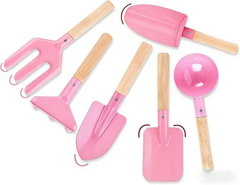6 Piece Kids Gardening Tools, Children Beach Sand Toys, Made of Metal with Sturdy Wooden Handle, Safe Beach Gardening Set, Spoon, Fork, Rake & Shovel, Gifts for Kids in Kuwait
