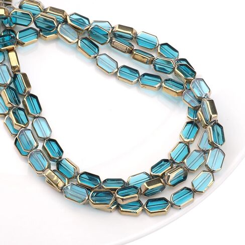 Glass Octagon Beads Lake Blue 6x9mm 28pcs Rectangle Golden Edge Crystal Loose Beads for DIY Craft Jewelry Making in Saudi Arabia