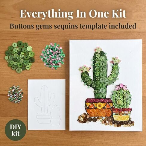 مجموعة حرفية يدوية من Buttons Galore & More للأزرار، تصميم صبار مزخرف بالترتر، زهور خضراء ووردية، مقاس قماش 8 × 10 بوصة in Kuwait