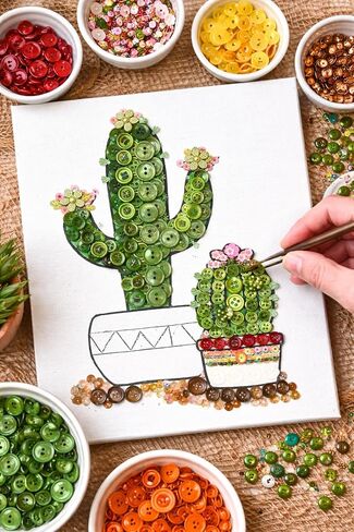 مجموعة حرفية يدوية من Buttons Galore & More للأزرار، تصميم صبار مزخرف بالترتر، زهور خضراء ووردية، مقاس قماش 8 × 10 بوصة in Kuwait