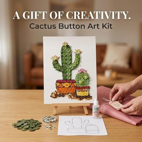 مجموعة حرفية يدوية من Buttons Galore & More للأزرار، تصميم صبار مزخرف بالترتر، زهور خضراء ووردية، مقاس قماش 8 × 10 بوصة in Kuwait