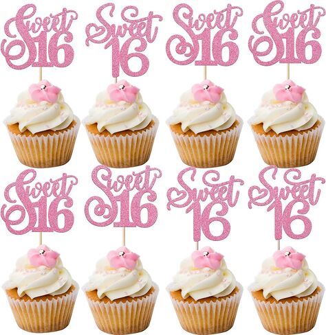 Rsstarxi 30 Pack 16th Birthday Cupcake Toppers Glitter Sweet 16 Sixteen Years Old Cupcake Picks Cake Decoration for Kids, Wedding, Anniversary Party Decorations Pink in Saudi Arabia