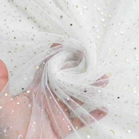 Glitter Tulle Fabric with Star Moon Sequin, 3 Yard x 59" Wide Rolls,Sparkly Sheer Material for Tutu Skirts & Decor(White) in Saudi Arabia