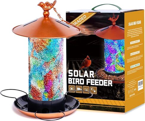 Ottsuls Mosaic Solar Bird Feeder for Outdoors Hanging, Waterproof Lantern Shape with S-Hook & 4 LED Lights, Garden Decor for Lawn, Patio, Balcony, Yard - Unique Gifts for Bird Lovers in Saudi Arabia