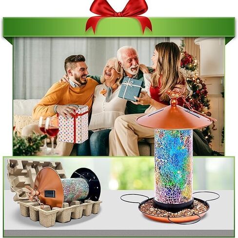 Ottsuls Mosaic Solar Bird Feeder for Outdoors Hanging, Waterproof Lantern Shape with S-Hook & 4 LED Lights, Garden Decor for Lawn, Patio, Balcony, Yard - Unique Gifts for Bird Lovers in Saudi Arabia