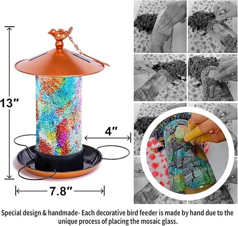 Ottsuls Mosaic Solar Bird Feeder for Outdoors Hanging, Waterproof Lantern Shape with S-Hook & 4 LED Lights, Garden Decor for Lawn, Patio, Balcony, Yard - Unique Gifts for Bird Lovers in Saudi Arabia