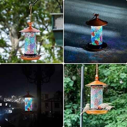 Ottsuls Mosaic Solar Bird Feeder for Outdoors Hanging, Waterproof Lantern Shape with S-Hook & 4 LED Lights, Garden Decor for Lawn, Patio, Balcony, Yard - Unique Gifts for Bird Lovers in Saudi Arabia