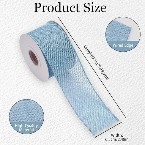 Light Blue Burlap Wired Edge Ribbon, 2.5 Inches Wide x 10 Yards Long, Jute Ribbon for Crafting Big Bows, Wreaths, Christmas Tree Decorations, Outdoor Holiday Displays, DIY Projects and Home Decor in Saudi Arabia