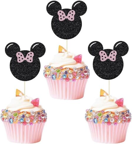 30Pcs Black and Pink Mouse Cupcake Toppers Bow Birthday Baby Shower Girl Birthday Party Cake Decorations Supplies in Saudi Arabia