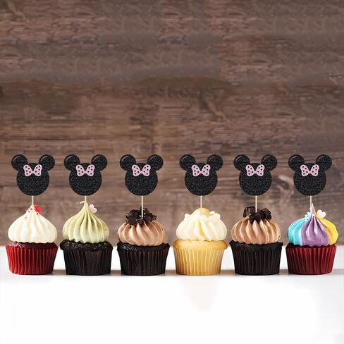 30Pcs Black and Pink Mouse Cupcake Toppers Bow Birthday Baby Shower Girl Birthday Party Cake Decorations Supplies in Saudi Arabia