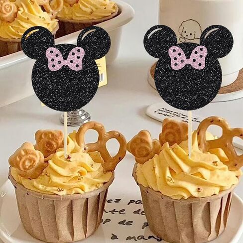 30Pcs Black and Pink Mouse Cupcake Toppers Bow Birthday Baby Shower Girl Birthday Party Cake Decorations Supplies in Saudi Arabia