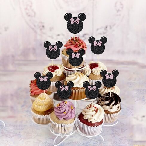 30Pcs Black and Pink Mouse Cupcake Toppers Bow Birthday Baby Shower Girl Birthday Party Cake Decorations Supplies in Saudi Arabia