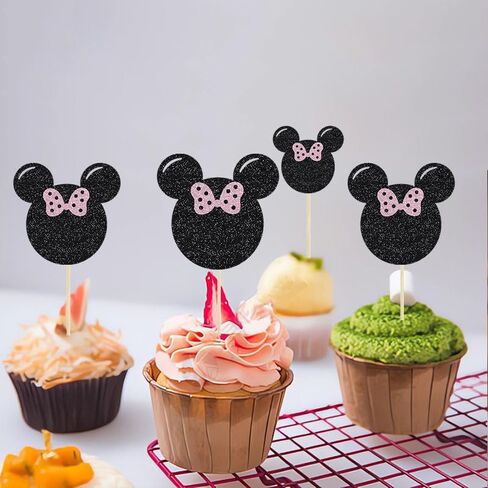 30Pcs Black and Pink Mouse Cupcake Toppers Bow Birthday Baby Shower Girl Birthday Party Cake Decorations Supplies in Saudi Arabia