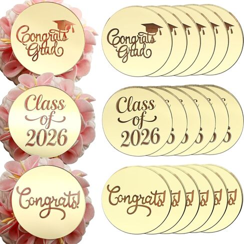 24 Pieces Gold Mirror Acrylic Graduation Cupcake Toppers, Class of 2026, Congrats Grad, Round in Saudi Arabia