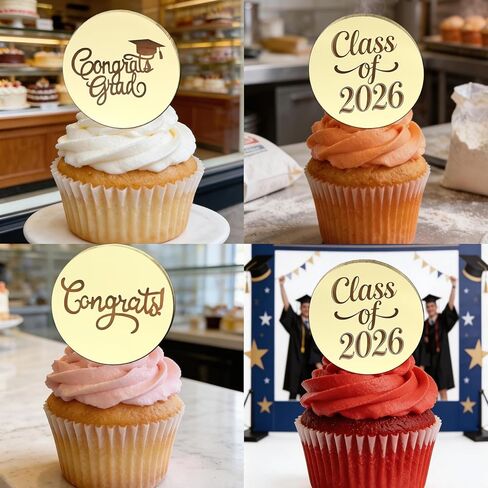 24 Pieces Gold Mirror Acrylic Graduation Cupcake Toppers, Class of 2026, Congrats Grad, Round in Saudi Arabia