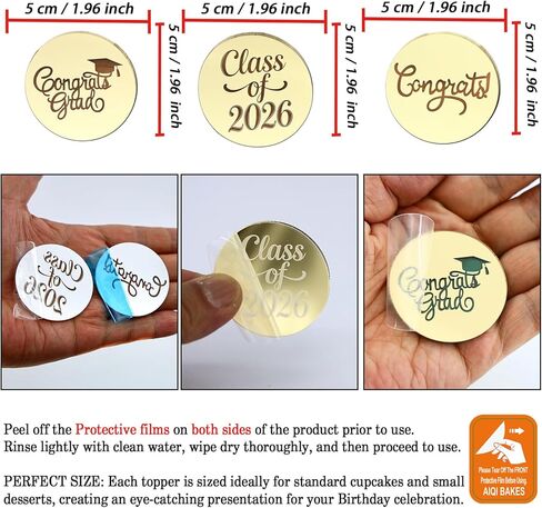 24 Pieces Gold Mirror Acrylic Graduation Cupcake Toppers, Class of 2026, Congrats Grad, Round in Saudi Arabia
