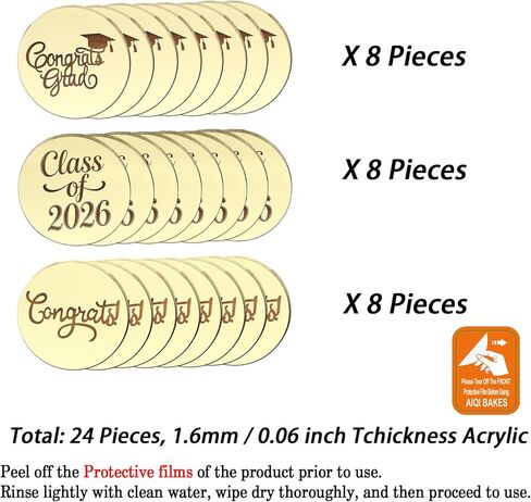 24 Pieces Gold Mirror Acrylic Graduation Cupcake Toppers, Class of 2026, Congrats Grad, Round in Saudi Arabia