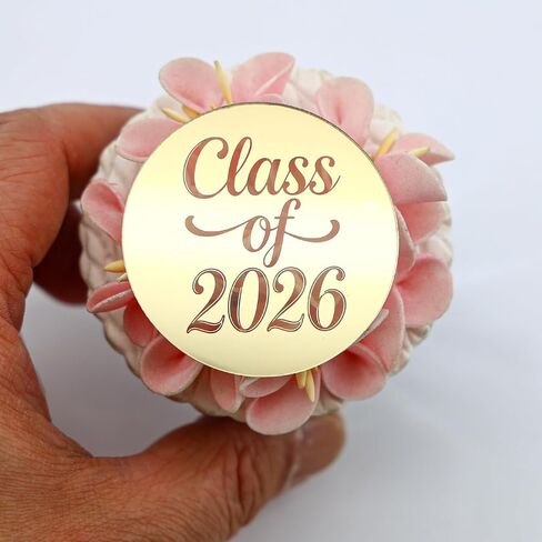 24 Pieces Gold Mirror Acrylic Graduation Cupcake Toppers, Class of 2026, Congrats Grad, Round in Saudi Arabia
